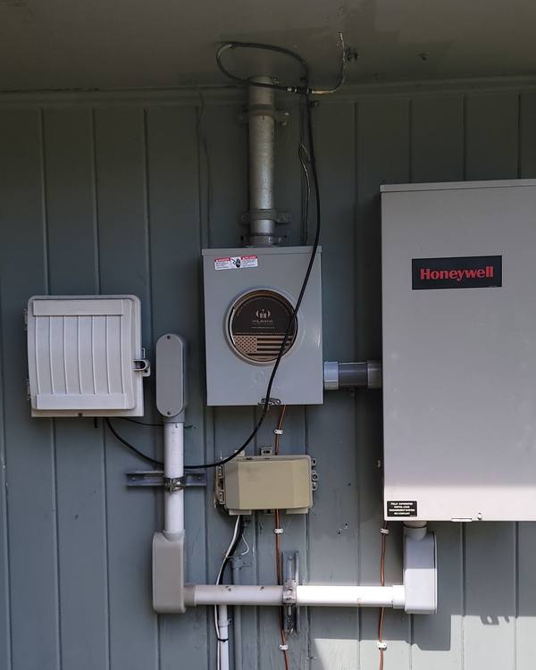 A meter, a panel and switch gear mounted on siding
