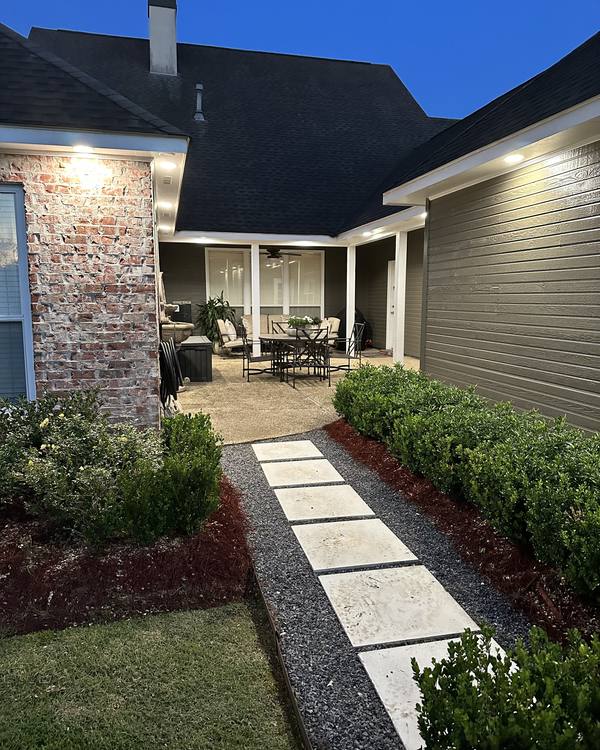 A garden walkway lit at night